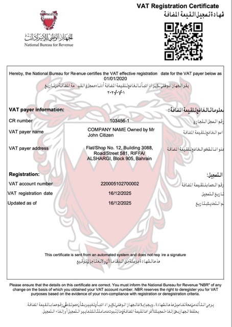 Bahrain VAT registration certificate Word and PDF template
